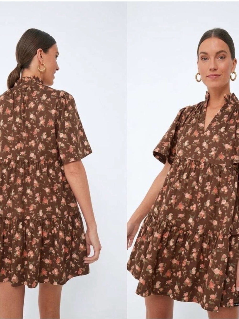 Brown Floral Tiered V-Neck Short Dress
